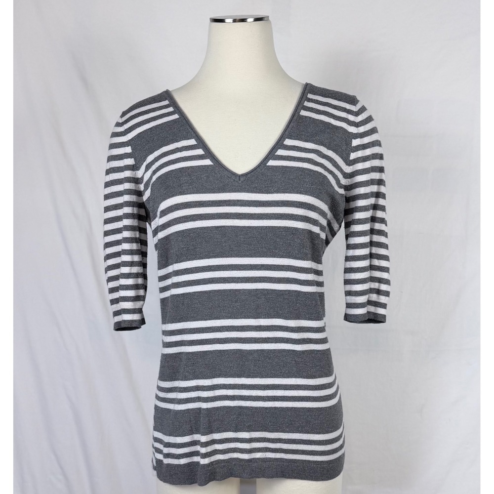 Express Striped V-Neck Knit Top Large Grey White Striped 3/4 Sleeve Y2K Preppy
